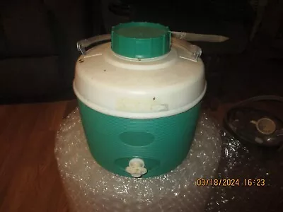 Vintage Coleman 1 Gallon Green & White Water Cooler Jug With Lid Cup USA 1974 • $15
