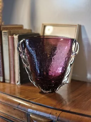 Vintage Studio Art Glass Jane Charles Amethyst Crackle Glass Applied Detail Vase • £64.99