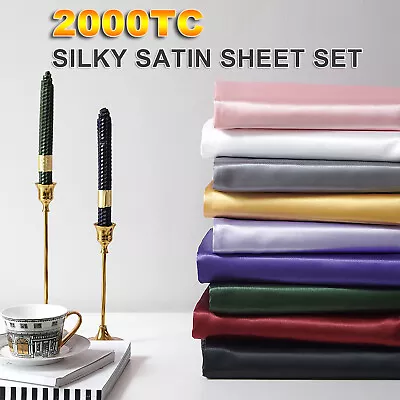 2000TC Silk Satin Sheets Fitted Flat Bed Sheet Set Pillowcases Queen King Sizes • $35.99