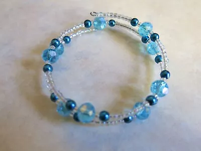 Aqua/blue Coloured Memory Wire Double Row Bracelet Handmade • £3.45