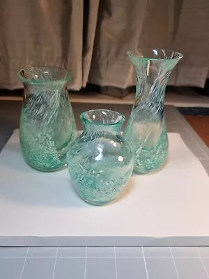 Set Of 3 Vintage Caithness Green & White Swirl Pattern Small Vase Set A • £14