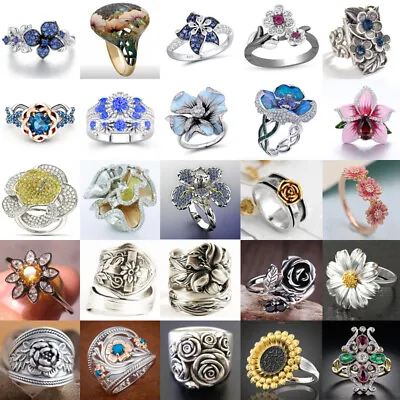 $2.11 • Buy Gorgeous Flower Silver Ring For Women Wedding Jewelry Party Rings Gift Size 6-10