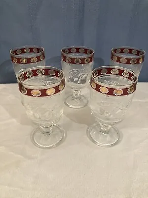 Set Of 5- Vintage Pressed Glass W/Gold Trim Fruit Motif Wine Goblets. Italy. • $22.50