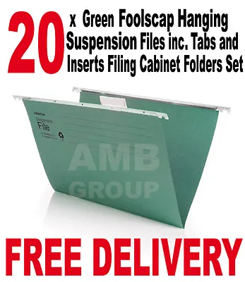 £13.75 • Buy 20 X Green Foolscap Hanging Suspension Files Incl. Tabs Inserts Filing Cabinet 