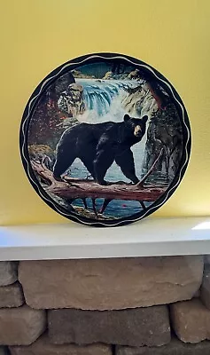 Vintage Metal Tray Black Bear Crossing River On Log By James L Artig.  • $12