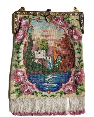 $475 • Buy Large Antique Vintage Scenic Mill And Stream Micro Beaded Purse Handbag