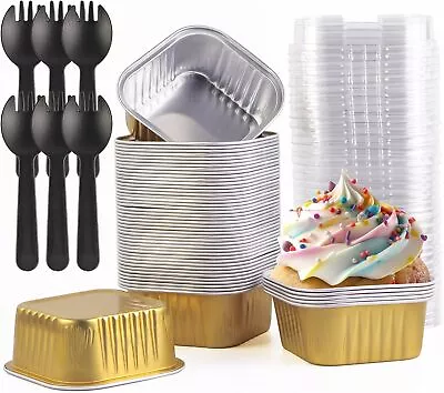 5oz Mini Cake Pans With Lids Aluminum Foil 50 Sets/150 Pcs Square-150ML Gold  • $31.43