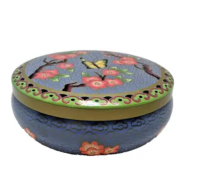 Vintage Daher Round Floral Butterflies Tin Blue Gold  #11101 Made In England • $12.99