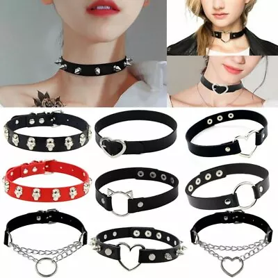 Women PU Leather Choker Necklace O Ring Chain Neck Collar Gothic Punk Black Belt • £2.93