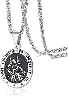 Mens St Saint Christopher Medal Pendant Necklace Stainless Steel Amulet 24 Chain • $12.34