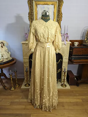 Antique Ca 1900's Edwardian Embroidered Tambour Lace Wedding Dress Pigeon Breast • $325