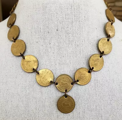 Vtg 1920s Persian Iran Bronze Coin Choker Necklace Adj Lngth Brass Chain • $65