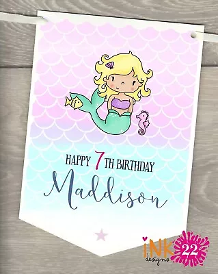 Personalised Kids Birthday Mermaid Party Decoration Banner Bunting 4th 5th 6th • £4.99