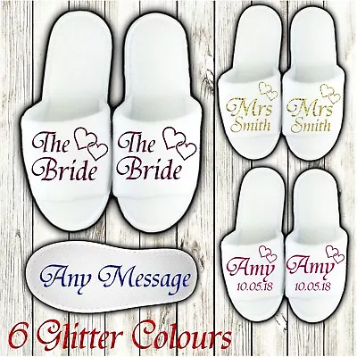 £5.99 • Buy White Wedding Slippers Personalised Glitter Bridal Spa Open Toe Bridesmaid