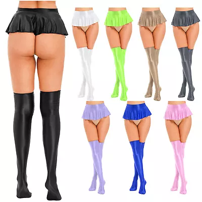 Women's Pleated Ultra Micro-Mini Skirt With Glossy Thigh High Stockings Clubwear • $12.93