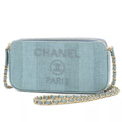 CHANEL Deauville Chain Clutch Chain Wallet Canvas Blue 240415T • $3349.98