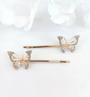 £3.75 • Buy 2  Butterfly Diamante Crystal Gold Hair Slides 6cm Hair Grips Clips Bridal Prom 