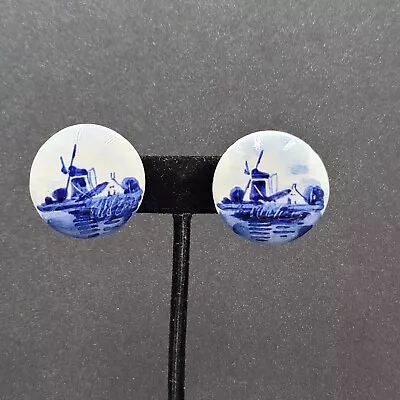 Vintage Delft Clip On Earrings Blue Porcelain Windmill Round Signed 1  • $15