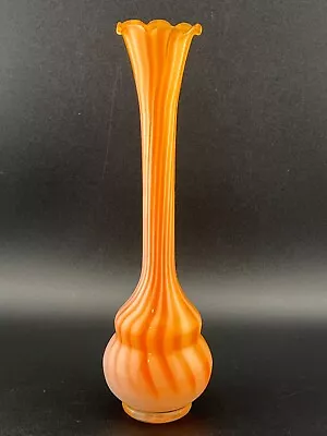 Vintage MCM Art Glass Bud Vase Orange And White Stripe 8 In • $30