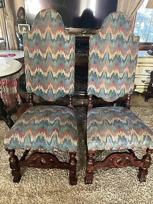 Vintage Wood High Back Dining Side Chairs French Gothic Flame Stitch Upholstery • $249