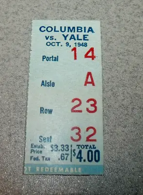 Yale 10/9/1948 College Football Ticket Stub Vs Columbia • $9.99