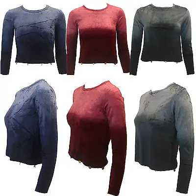 Ladies Woman's Crushed Velvet Long Sleeve Two Tone Round Neck Sari Crop Top 8 12 • £4.99