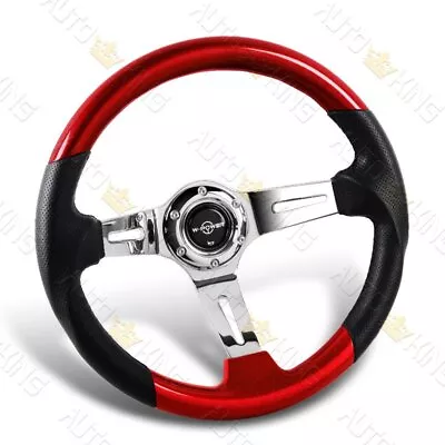 343mm 4  Deep Dish Red Galaxy Wood Grip Leather Spokes Steering Wheel W-power • $95.24