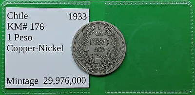 World Foreign Old Chile 1933 Coin 1 Peso KM# 176.1 Vintage South America  !! • $1.99