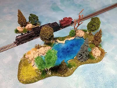 N Scale OTTER LAKE 9  X 4.5  W 10 Trees & White Flowers 11mm 15mm POND #684 • $26.50