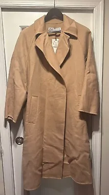 NWT Zara Camel Wool Belted Long Overcoat Coat Large • $119.90