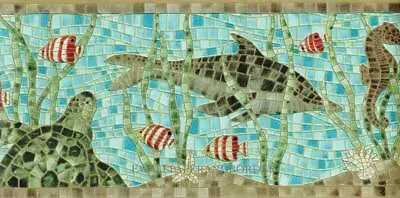 Tropical Fish Marine Life Seahorse Bath Mosaic Tile Textured Wallpaper Border • $29.99