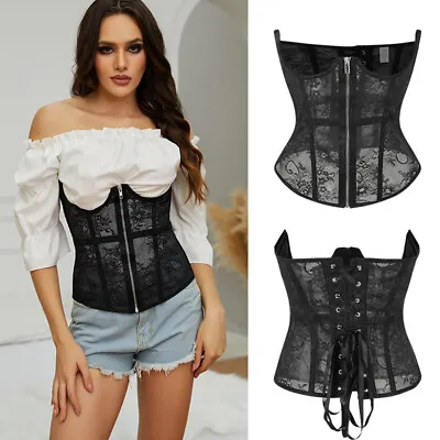 Women Underbust Corset Boned Lace Up Bustier Top Waist Cincher Halloween Costume • £9.79