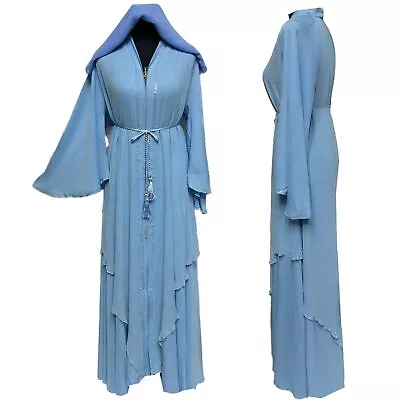 Modest Women Light Blue Abaya Farasha Jalabiya Arab Dress • £42.99