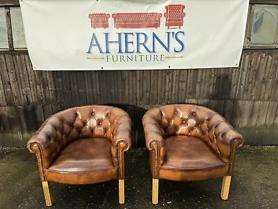 *Antique Pair Of Brown Leather Chesterfield Tub Chairs  FREE DELIVERY 🚚* • £650