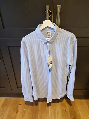 Zara Mens Knitted Blue Pinstripe Shirt Size Extra Large XL Bnwt Slim Fit Smart • £15