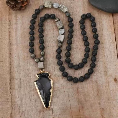 Lava Obsidian Beads Healing Strength Protection Arrowhead Men Necklace Talisman • $18.80