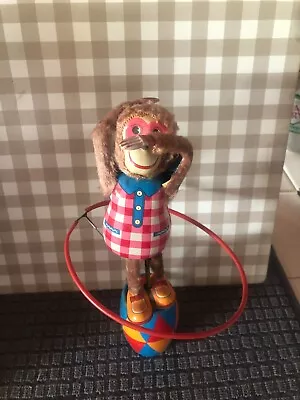 Vintage  Mechanical Hula Hoop Wind Up Toy Tin/fur Monkey On Barrel- Japan • $80