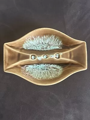 Vintage Mid Century Modern Drip Glaze 9” Ceramic Double Ashtray Aqua Accents USA • $25