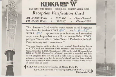 1965 QSL: Radio KDKA Pittsburgh USA • $9.50