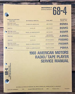 Motorola / AMC 1968 Car Stereo Model 8SMA 8SMG A8MG P8MA Service Manual *Orig* • $24.97