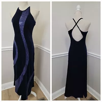 VNG'90s Y2k Maxi Dress Jump Apparel Slinky Velvet Blue /Spaghetti Halter Dress  • $44.99