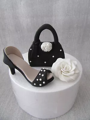 Edible Handmade Shoe Handbag Flower Fondant Sugar Paste Cake Topper (Black) • £28.99