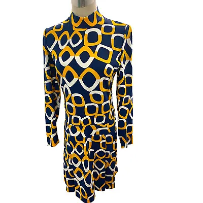 Vintage 70's Blue / Gold White Mod Pattern Drop Waist Dress Med • $46.99