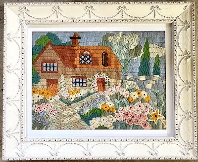 Vintage Crewel Embroidered Cottage Garden Flowers Framed Adirondack 1950’s • $64.90