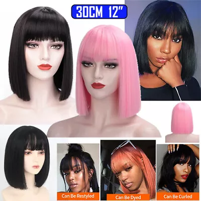 12 Women Short Straight Bob Hair Wigs Natural Human Hair Party Cosplay Full Wigs • £12.69