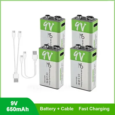 Lot 9V Rechargeable Batteries USB Lithium Ion 1.5V Fast Charger Type C Cable New • $8.99