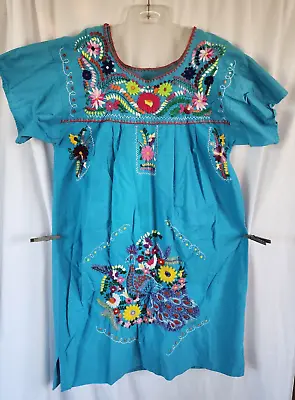 Traditional Mexican Embroidered Dress Handmade Size L Colorful House Dress • $31.99