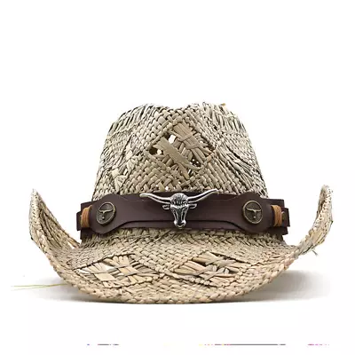 NATURAL STRAW COWBOY HAT Long Horn SHAPEABLE WESTERN Vented Beach Stetson Style • $22.99