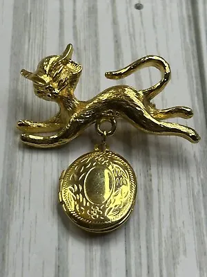 $17.99 • Buy Cat Locket Brooch Vintage Gold Tone Jewelry