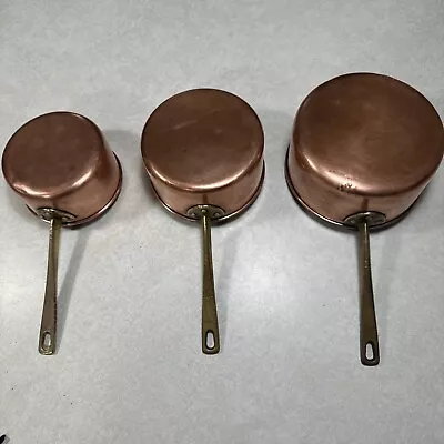 VINTAGE Set Of 3 Matching Copper Pans Riveted Brass Handles Pot Sauce READ • $74.99